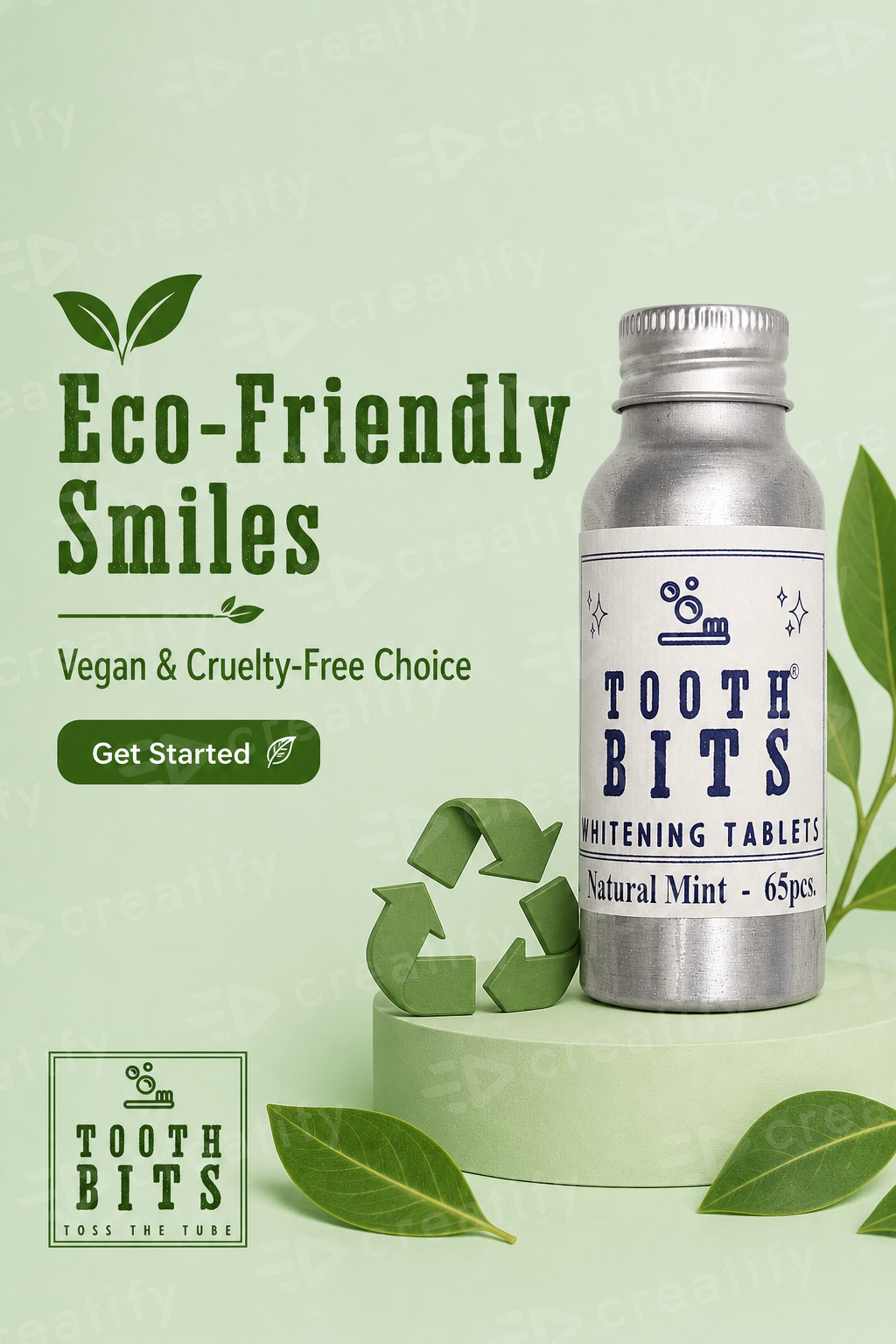 A silver bottle of Tooth Bits Whitening Tablets, Natural Mint, displayed on a light green pedestal with decorative leaves and a green recycling symbol. The background is a soft sage green with text reading 'Eco-Friendly Smiles' and the brand logo 'TOSS THE TUBE'.