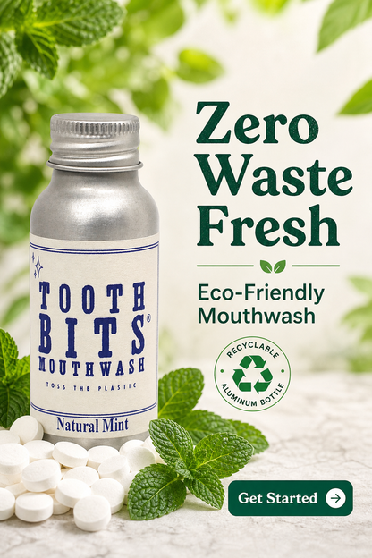 Tooth Bits Mouthwash natural mint aluminum bottle with a silver cap, surrounded by white tablets, fresh mint leaves, and promotional text reading 'Zero Waste Fresh Eco-Friendly Mouthwash' with a 'Get Started' button.
